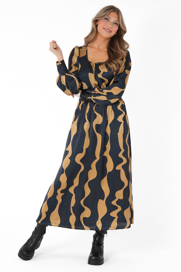 BETHANY DRESS MIDNIGHT BLUE/AMBER GOLD